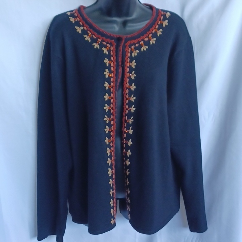 Carducci Womens  Cardigan Sweater Long Sleeve Black, embroidered, ptp - 24"